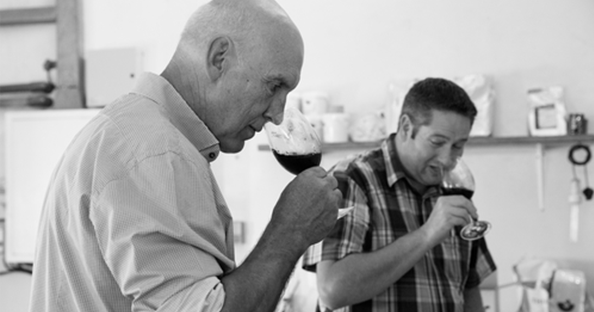 Andrew Gunn (left) tasting wines from his portfolio, Iona Wines