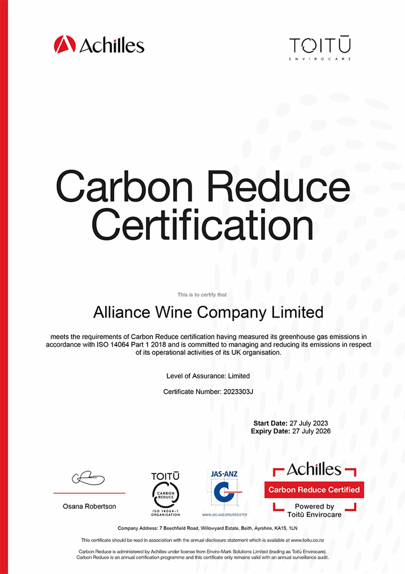 Certificate 2023234J Alliance Wine Company Limited CR Org